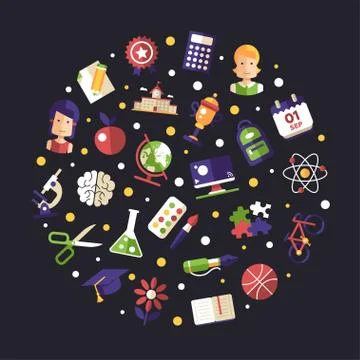 Back to school flat design icons circle composition Stockillustratie