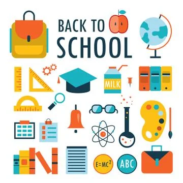Back to school Flat design icons set isolated on white Part 1 Stock Illustration
