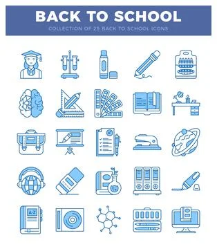 Back-to-school flat design icons in light blue. Vector illustration. Stock Illustration