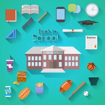 Back to School Flat design modern vector illustration, school building, pen,  스톡 일러스트