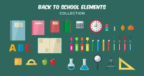 Back to school flat elements collection. Different school elements, books, notes Illustration