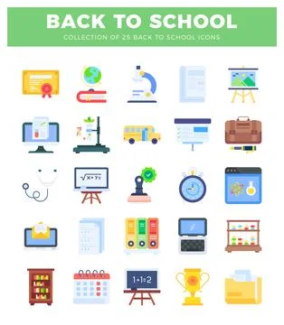 Back to School flat icon collection in clean. modern style for education. Stock Illustration