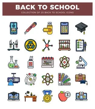 Back to school flat icon set featuring education and science symbols. Stock Illustration
