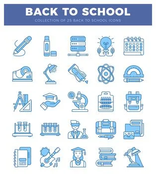 Back to school flat icons. blue outlines on white background. educational s.. Stock Illustration