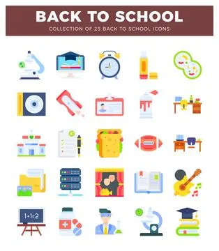 Back to school flat icons in a grid layout on a white background 스톡 일러스트