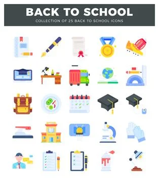 Back to school flat icons with a notebook. pen. and globe. Icons in a white.. Stock Illustration