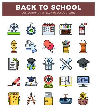 Back to School flat icons representing education. sports. and science. back.. Stock Illustration