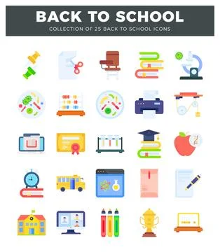 Back to School flat icons showing school supplies and learning objects. Col.. イラスト素材