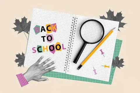 Back to school flat lay with notebook, magnifying glass, pens Stock-Fotos