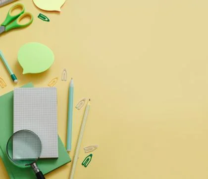 Back to school flat lay, working table supplies Stock Photos
