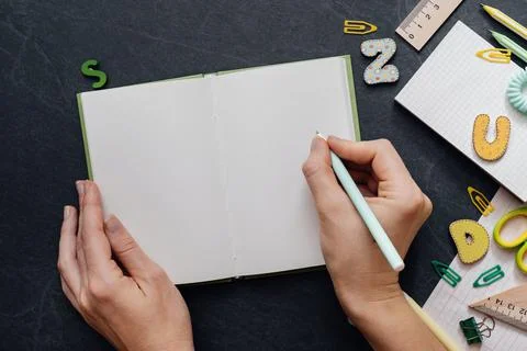 Back to school flat lay, working table supplies Stock Photos