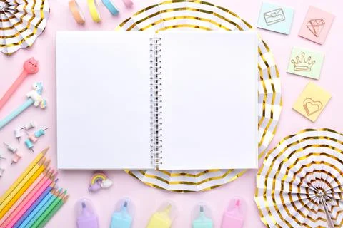 Back to school. Flat layout, top view, a place to copy. Stock Photos