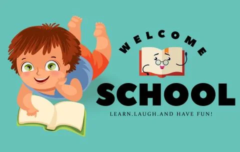 Back to school flat poster, boy lies and reading interesting first book Stock Illustration