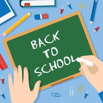 Back to School Flat Style Blackboard Vector Background With Chalk Pins Clips Pen 스톡 일러스트