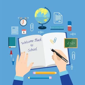 Back to School Flat Style Vector Icon Set on Blue Background Books Pencils Pen Stock Illustration