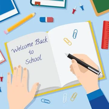 Back to School Flat Style Vector Background With Opened Textbook Pencils Pen Stock Illustration