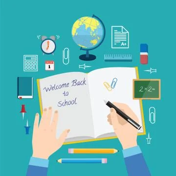 Back to School Flat Style Vector Icon Set Books Pencils Pen and Other Stationary Stock Illustration