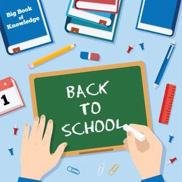 Back to School Flat Style Vector Background With Chalk Blackboard Pins Clips Pen Stock Illustration