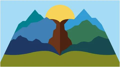 Back to School Flat vector art of a mountain landscape rising from an open .. Stock Illustration