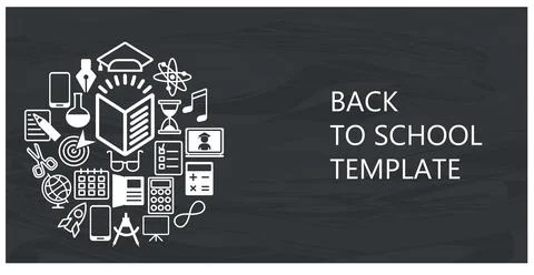 Back to school flat vector background. White icons on black chalkboard. Stock Illustration