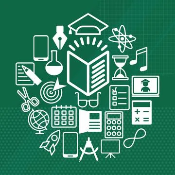 Back to school flat vector background. White icons on green chalkboard. Stock Illustration