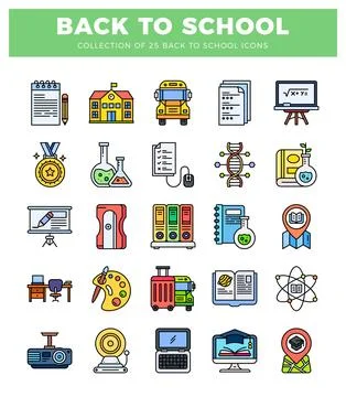 Back to school flat vector icons with educational symbols and objects. Stock Illustration