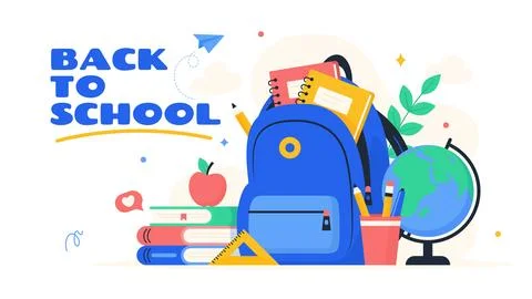 Back to school Flat vector illustration with backpack School supplies Stock Illustration