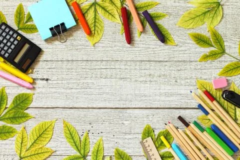 Back to school. Flatlay background. Table with autumn leaves. Stock Photos
