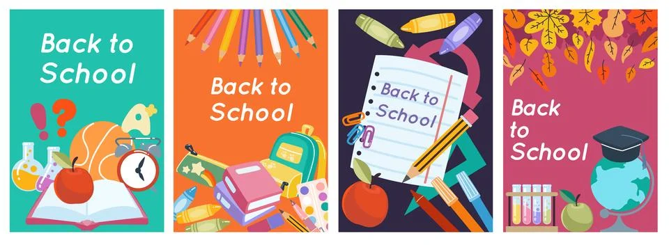 Back to school flyer. Kid book, notebook cover, supplies. Cute cartoon layout Stock Illustration