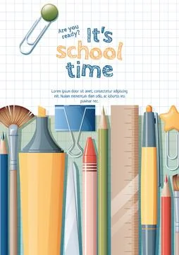 Back to school flyer template design. Stationery on a checkered background... イラスト素材