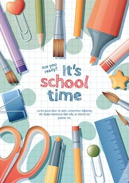 Back to school flyer template design. Stationery on a checkered background... Stock Illustration