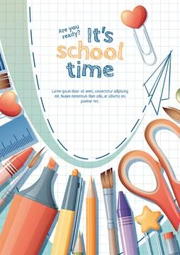 Back to school flyer template design. Stationery on a checkered background... Illustrazione stock