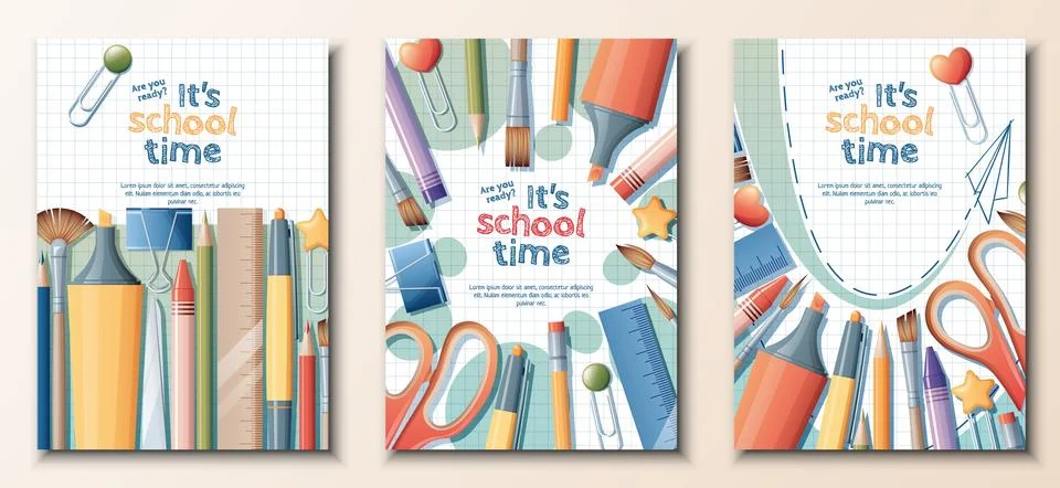 Back to school flyer template set. Stationery on a checkered background. Pe.. イラスト素材