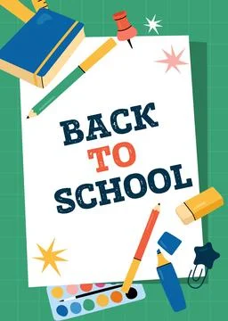 Back to school flyer template with white paper sheet and stationery flat vect Stock Illustration