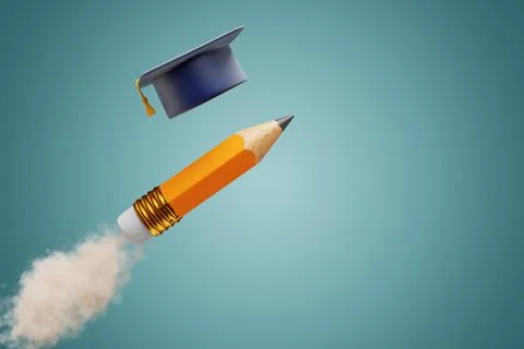 Back to school. Flying academic graduation cap and pencil with smoke Illustrazione stock