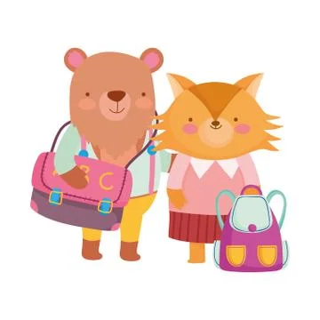 Back to school, fox and bear with clothes and backpacks Stock Illustration