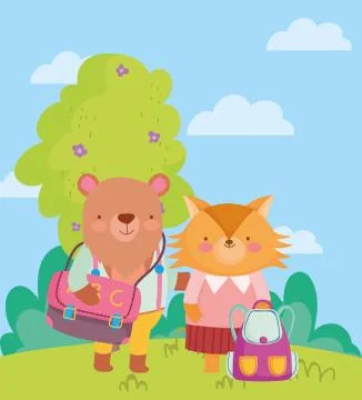Back to school, fox and bear with clothes and backpacks Stock Illustration