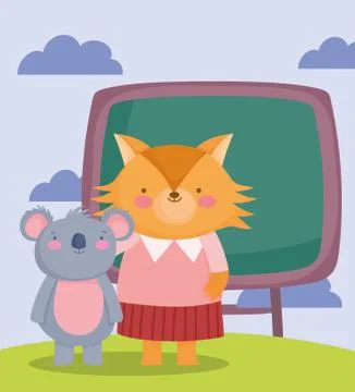 Back to school, fox and koala chalkboard outdoor cartoon Stock Illustration