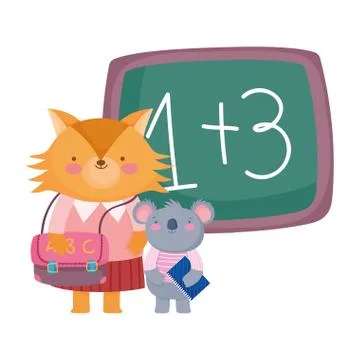Back to school, fox and koala with book bag chalkboard Stock Illustration