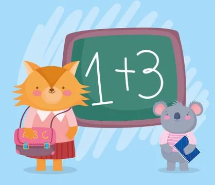 Back to school, fox and koala with book bag chalkboard Stock Illustration