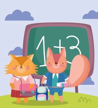 Back to school, fox and squirrel chalkboard backpack book cartoon Ilustración de archivo
