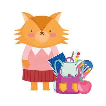 Back to school, fox with backpack supplies cartoon Ilustración de archivo
