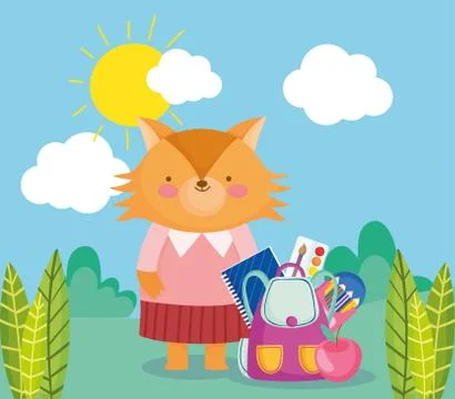 Back to school, fox with backpack supplies cartoon Illustrazione stock