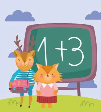 Back to school, fox deer with bag and chalkboard outdoor Illustrazione stock