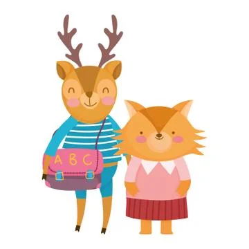 Back to school, fox deer with clothes and bag cartoon Stock Illustration