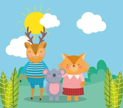 Back to school, fox deer koala cartoon animals outdoors Stock Illustration