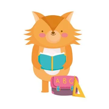 Back to school, fox reading book with bag ruler cartoon Stock Illustration