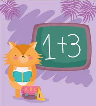Back to school, fox reading book with bag ruler chalkboard Stock Illustration