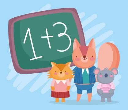 Back to school, fox squirrel koala chalkboard students cartoon Stock Illustration