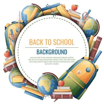 Back to school frame design. Poster, postcard with backpack, books, globe. Sc Stock Illustration